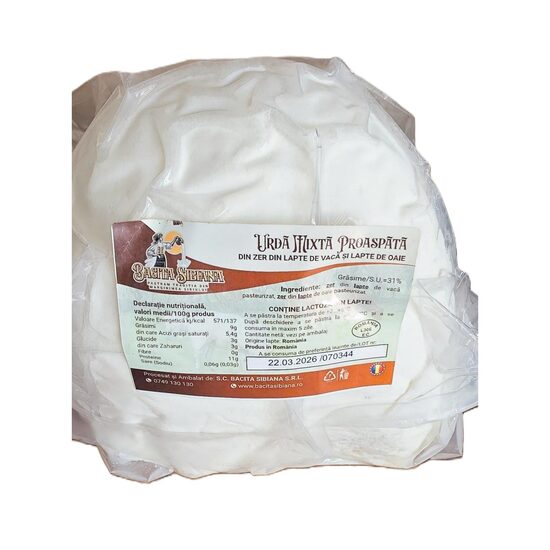 Bacita Sibiana urda mixta proaspata, din zer din lapte de vacă și lapte de oaie